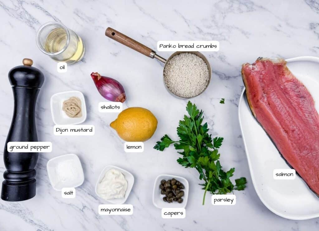 Ingredients for a salmon dish arranged on a marble surface: salmon, oil, ground pepper, salt, Dijon mustard, shallots, lemon, mayonnaise, parsley, capers, and panko bread crumbs.