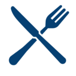 Blue icon of a fork and knife crossed on a white background.