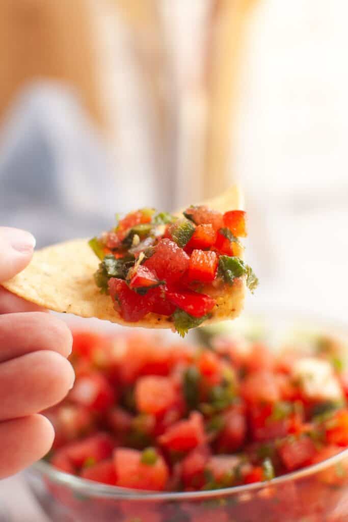 A hand holds a tortilla chip topped with red salsa, with a blurred bowl of salsa in the background.