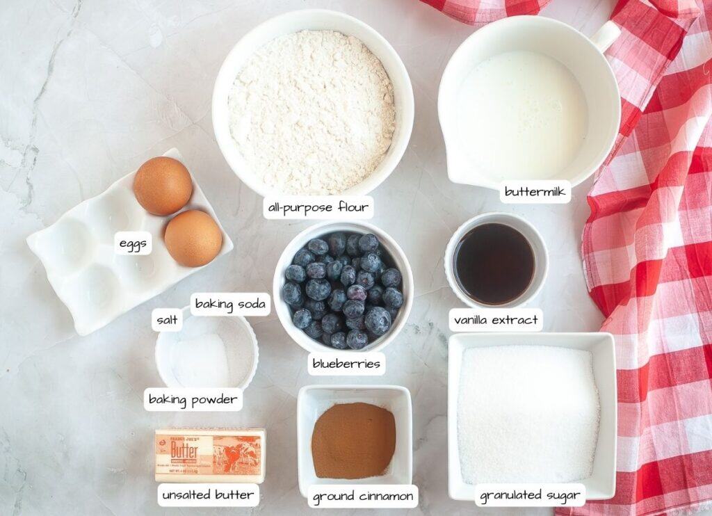A variety of baking ingredients, including eggs, flour, buttermilk, blueberries, vanilla extract, sugar, butter, cinnamon, salt, baking powder, and baking soda, arranged on a countertop.