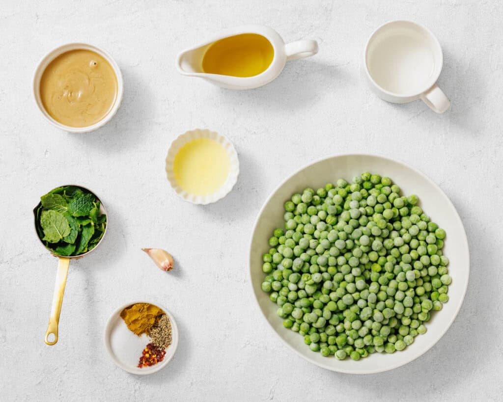 Ingredients for Green Pea Hummus with Mint.