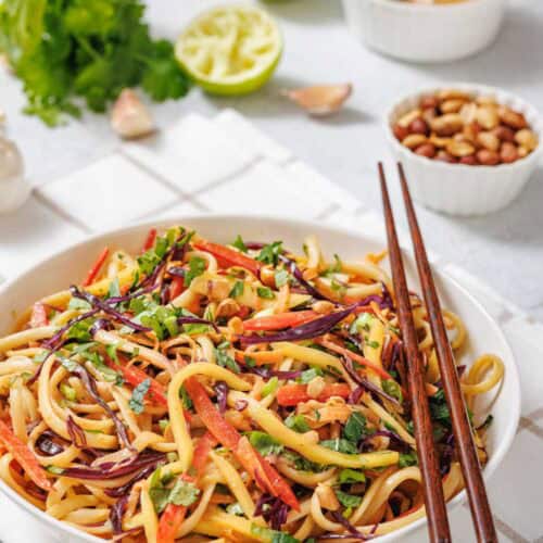 A bowl of colorful noodle salad with vegetables, garnished with herbs and chopped peanuts, chopsticks resting on the bowl. Lime, cilantro, peanuts, and sauce are in the background.
