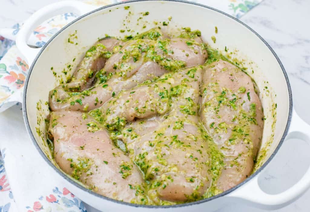Raw chicken breasts coated with herbs seasonings in a white bowl.