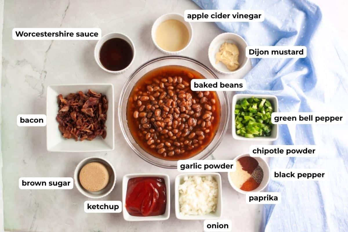 Top-down view of various baked bean ingredients in bowls, including bacon, baked beans, mustard, chopped vegetables, sauces, and spices, each labeled with its name.