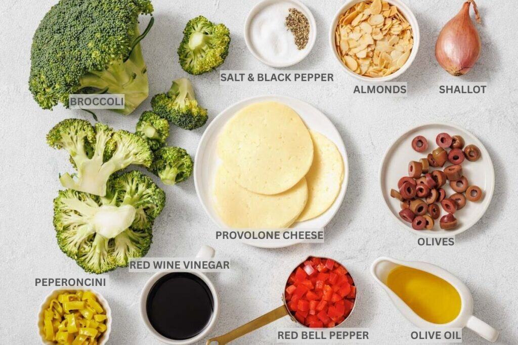 A flat lay of broccoli, provolone cheese, almonds, olives, red bell pepper, peperoncini, shallot, red wine vinegar, olive oil, salt, and black pepper, all labeled.