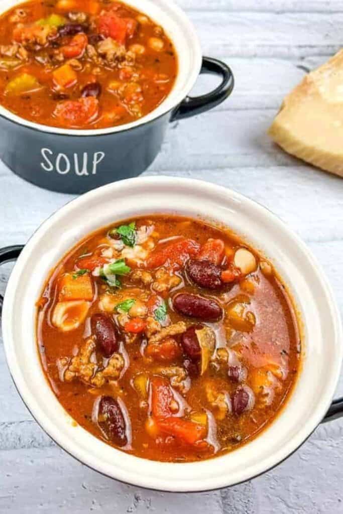 Two bowls of Pasta e Fagioli soup