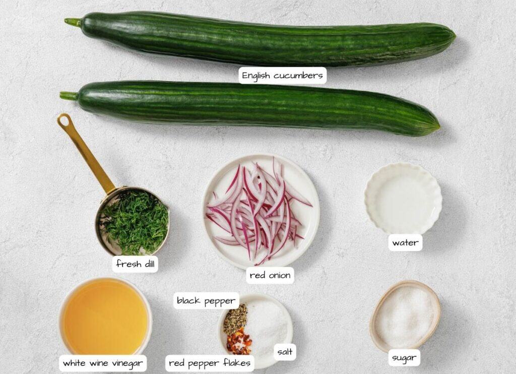 Two whole English cucumbers, a dish of sliced red onion, cups of fresh dill, white wine vinegar, water, black pepper, red pepper flakes, salt, and sugar are arranged on a white surface.