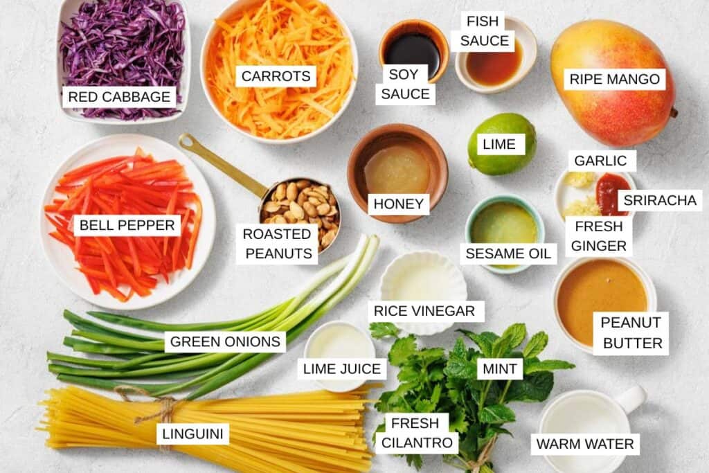 Ingredients for a noodle dish arranged on a white surface, including linguini, vegetables, herbs, sauces, peanuts, and a ripe mango, each labeled with text.