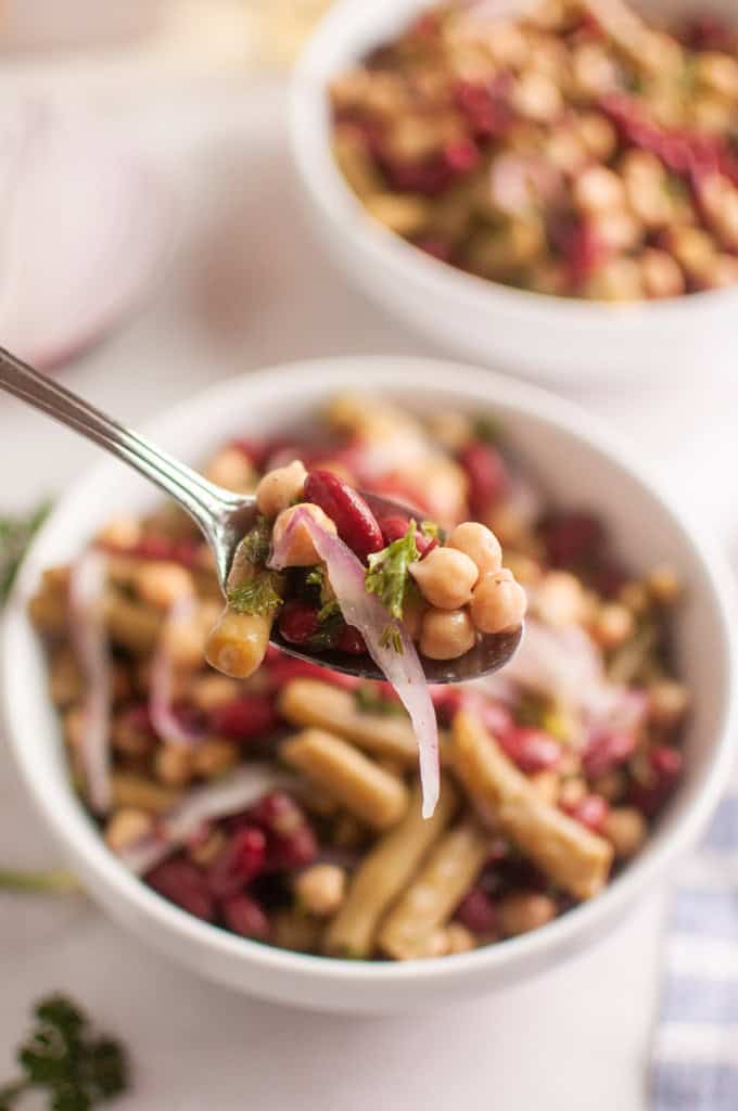 Bowl of Three Bean Salad featuring kidney beans, chickpeas, and green beans, garnished with thinly sliced red onions and fresh parsley.