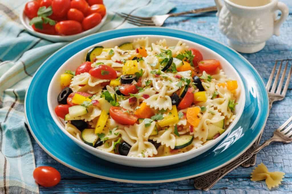 A bowl of farfalle pasta salad with cherry tomatoes, yellow bell peppers, black olives, zucchini, and parsley, on a blue plate with a fork and a bowl of tomatoes in the background.