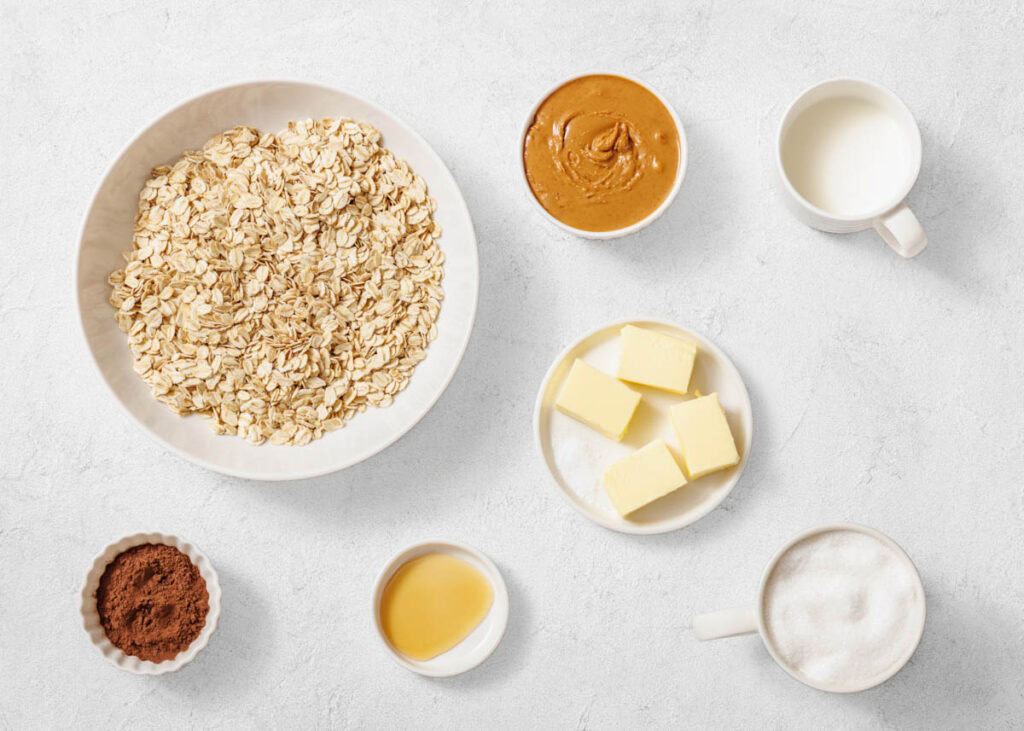 Ingredients for Peanut Butter-Chocolate No-Bake Cookies.