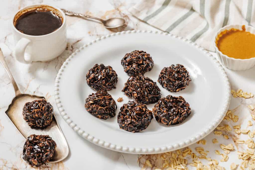 Peanut Butter-Chocolate No-Bake Cookies on a plate.