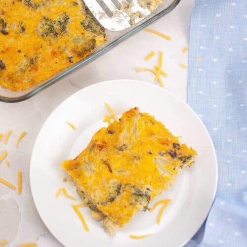 A casserole dish with a fork in it.