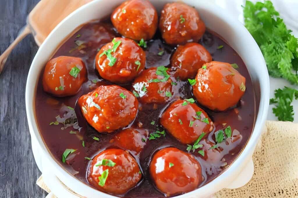 A white bowl filled with meatballs coated in a glossy brown sauce, garnished with chopped parsley, sits on a table next to a bunch of fresh parsley.