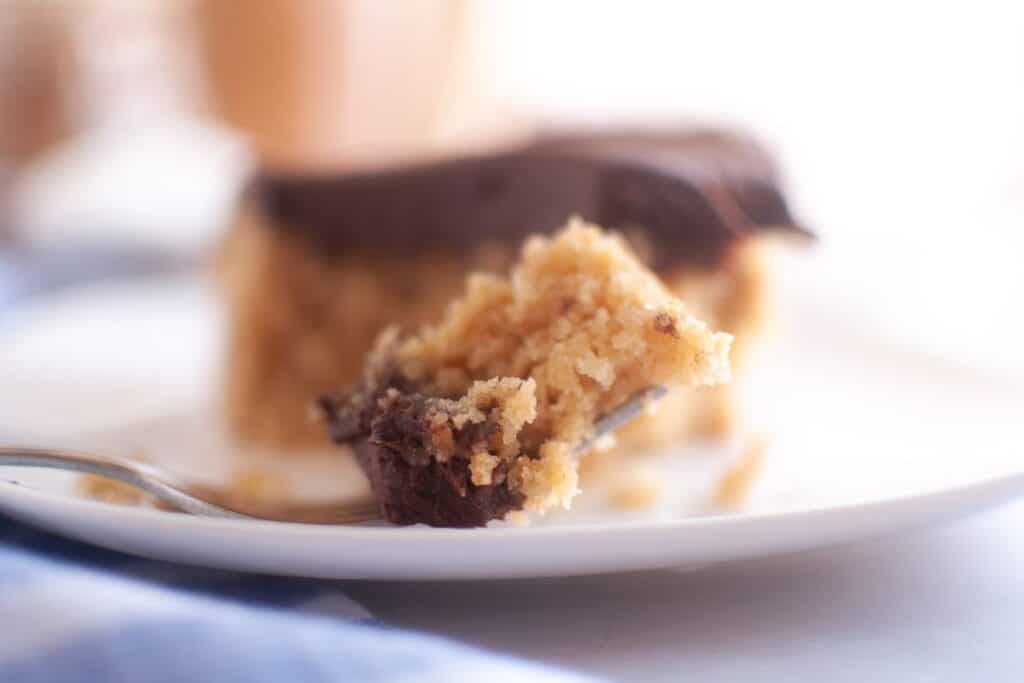 Close up photo of a slice of Graham Cracker Cake.