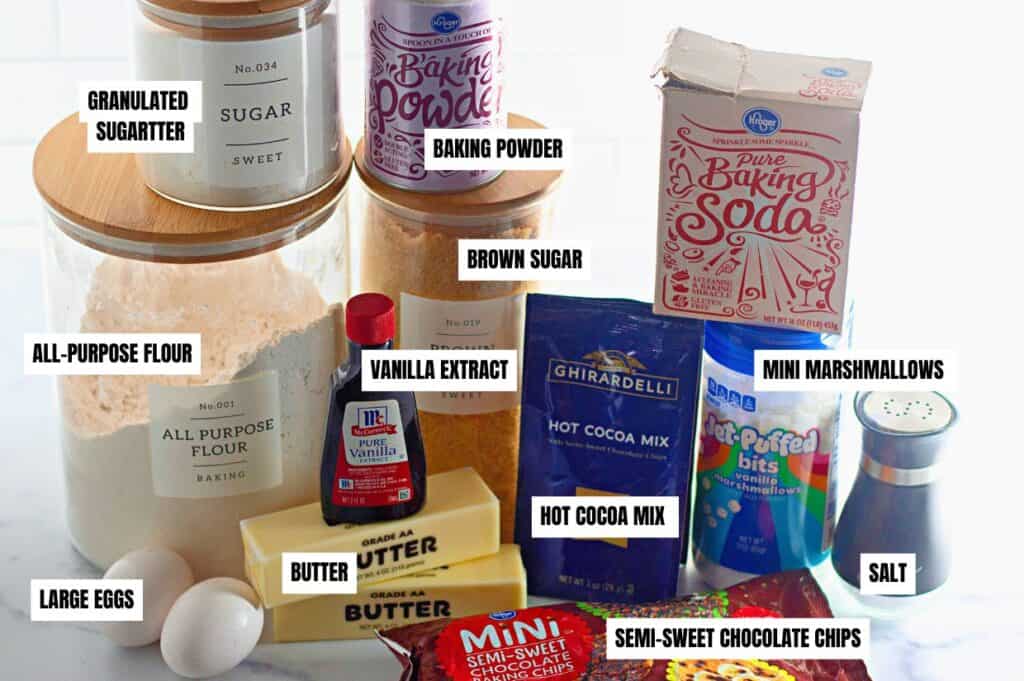 Assorted baking ingredients, including flour, sugar, baking powder, baking soda, brown sugar, butter, eggs, vanilla, cocoa mix, chocolate chips, marshmallows, and salt, labeled.