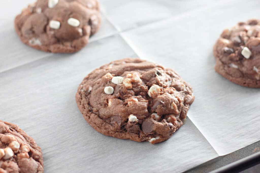 A close-up of cocoa cookies with white and brown chocolate chunks on a parchment-lined baking sheet.