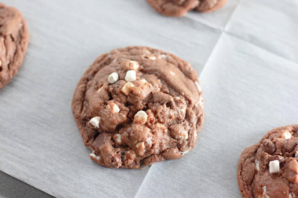 A cocoa cookie with visible white and brown chocolate chunks sits on parchment paper.