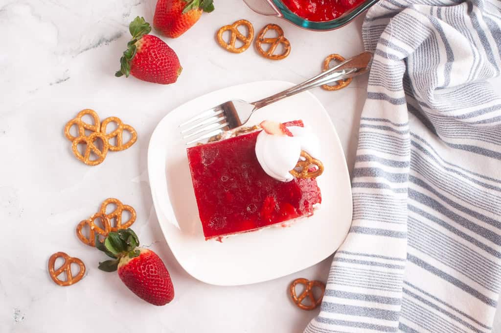 Photo of Strawberry Pretzel Salad on a plate.