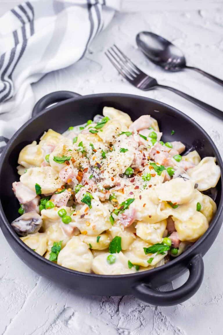 Photo of delicious Skillet Cheese Tortellini with Ham & Peas.