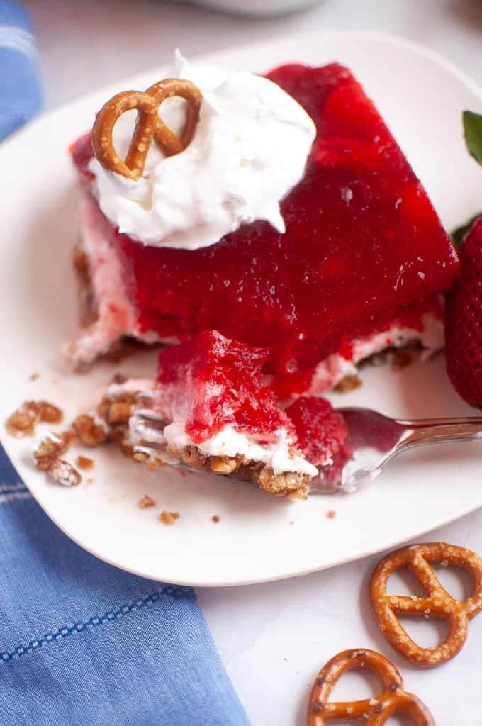 A slice of delicious Strawberry Pretzel Salad.