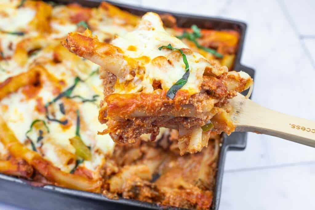 A close up of a serving of the baked ziti.