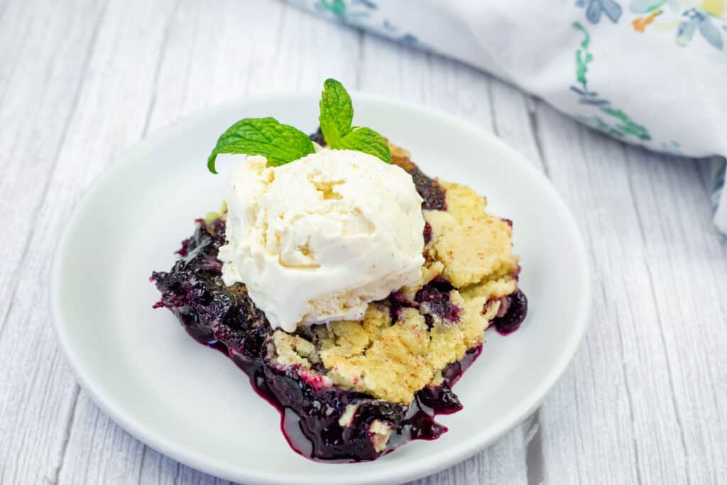 A serving of blueberry cobbler topped with a scoop of vanilla ice cream and a sprig of mint on a white plate.