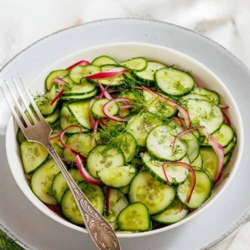 A white bowl filled with sliced cucumbers, red onions, and fresh dill sits on a plate with a fork resting on the edge.