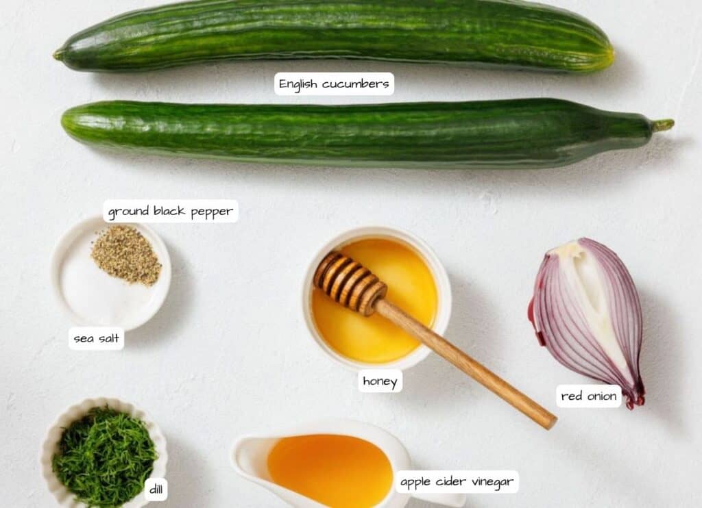 Two English cucumbers, ground black pepper, sea salt, honey, red onion, dill, and apple cider vinegar arranged on a white surface, each labeled with text.