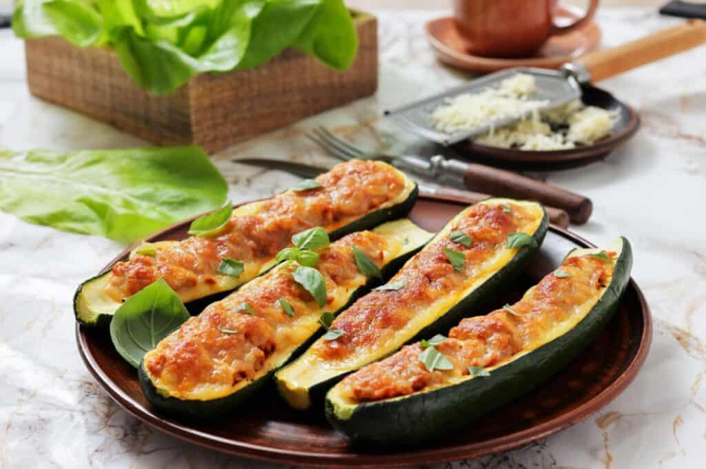 Four baked zucchini halves stuffed with a cheese and tomato filling are arranged on a brown plate, garnished with fresh basil leaves.