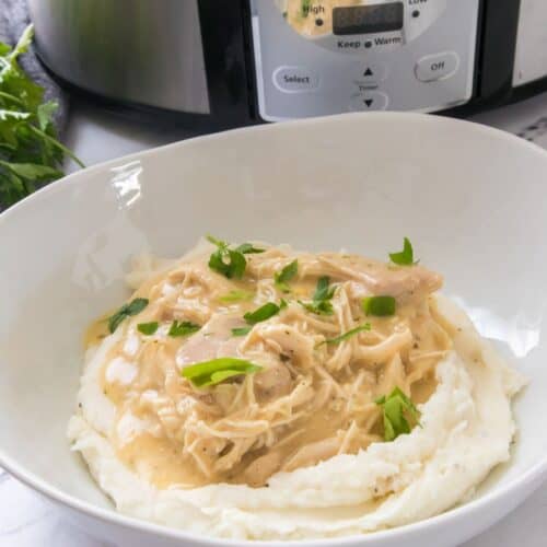A white bowl of mashed potatoes topped with shredded chicken and gravy, garnished with parsley, sits in front of a Crock-Pot slow cooker.