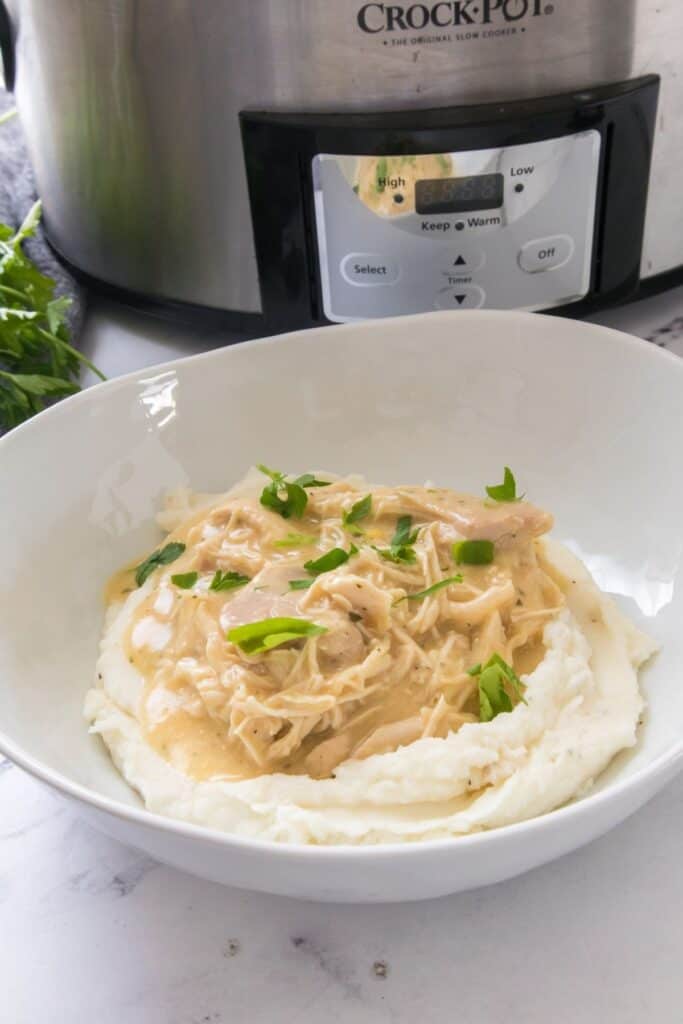 A white bowl of mashed potatoes topped with shredded chicken and gravy, garnished with parsley, sits in front of a Crock-Pot slow cooker.