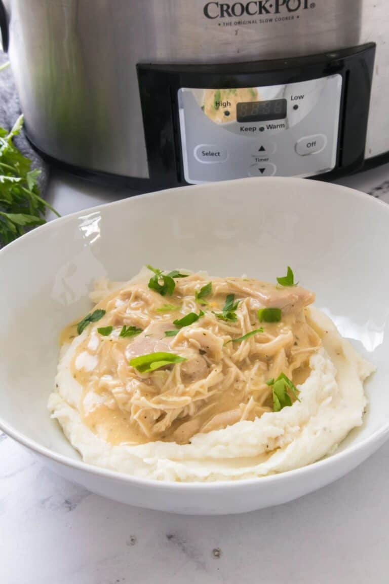 A white bowl of mashed potatoes topped with shredded chicken and gravy, garnished with parsley, sits in front of a Crock-Pot slow cooker.