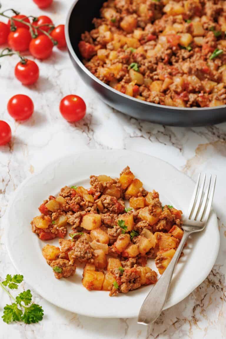 A white plate holds a serving of Poor Man's Meal (ground meat and potato hash) garnished with parsley, with a skillet of the dish and cherry tomatoes in the background.