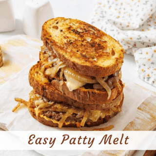 Three patty melt sandwiches with grilled onions and melted cheese are stacked on parchment paper. The text “Easy Patty Melt” appears at the bottom of the image.