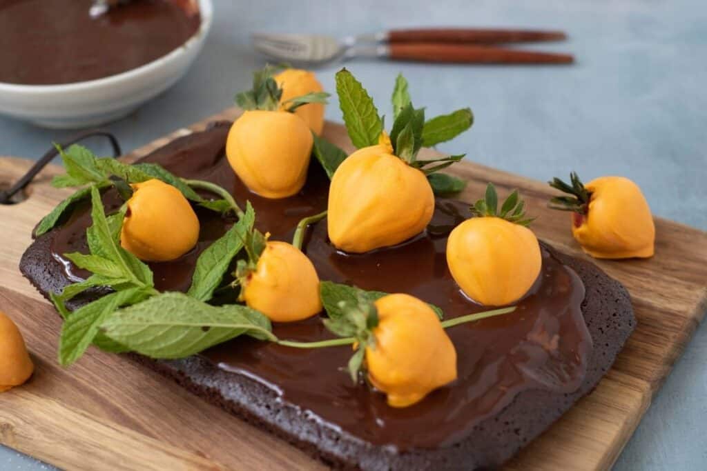 A chocolate cake topped with chocolate glaze, decorated with whole yellow fruits and sprigs of fresh mint, placed on a wooden board.