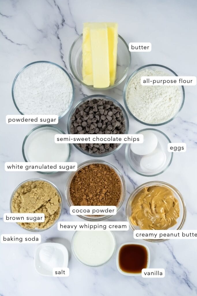 A flat lay of baking ingredients in bowls, including butter, flour, powdered sugar, chocolate chips, eggs, granulated sugar, brown sugar, cocoa powder, cream, peanut butter, baking soda, salt, and vanilla.