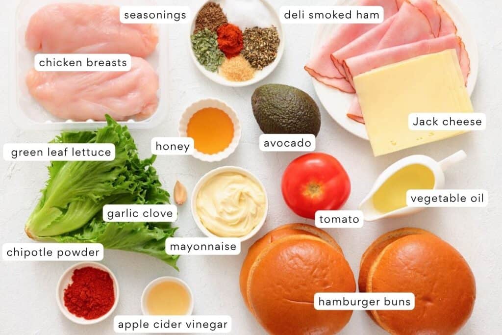 Top-down view of labeled ingredients for a sandwich, including chicken breasts, lettuce, tomato, mayonnaise, deli ham, Jack cheese, avocado, buns, spices, and condiments.