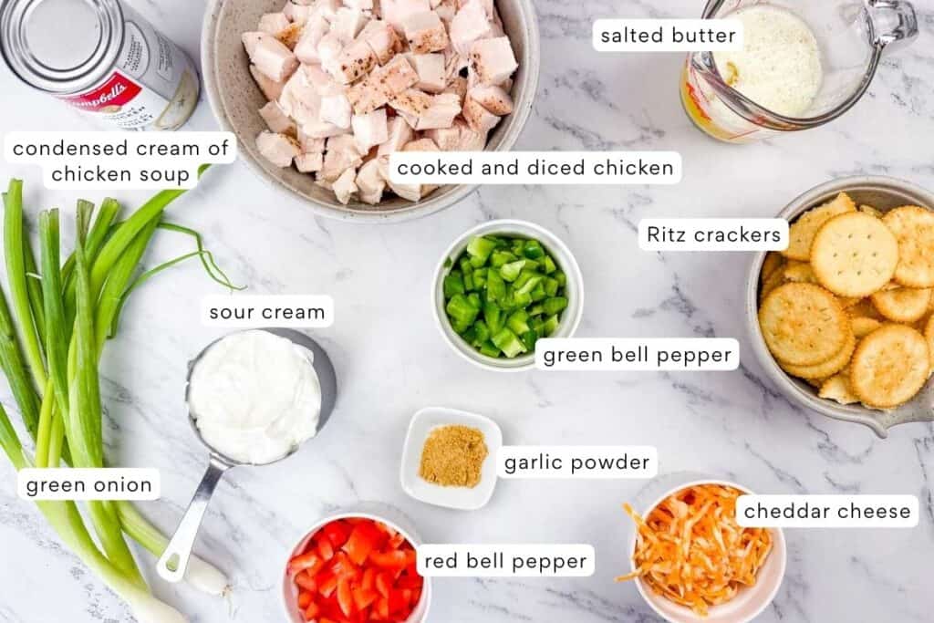 Labeled ingredients for Cheesy Ritz Cracker Chicken Casserole.