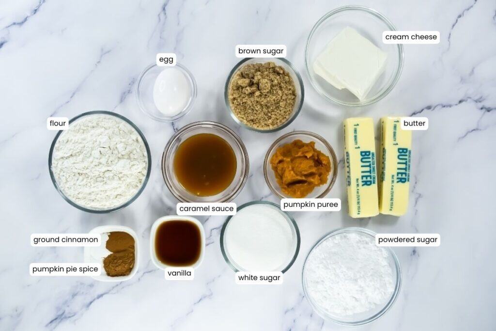 A variety of labeled baking ingredients, including flour, brown sugar, cream cheese, egg, butter, powdered sugar, white sugar, pumpkin puree, caramel sauce, vanilla, and spices on a marble surface.