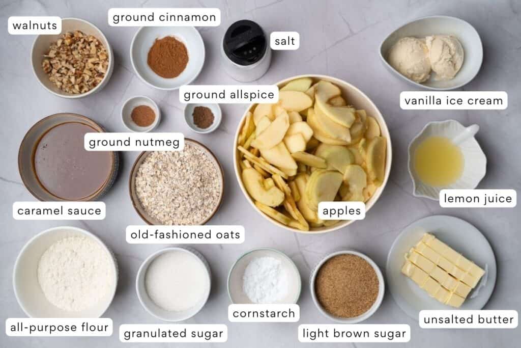 Creamy vanilla ice cream and fresh apples prepared for an apple crumble dessert. Perfect for baking and sweet treats.