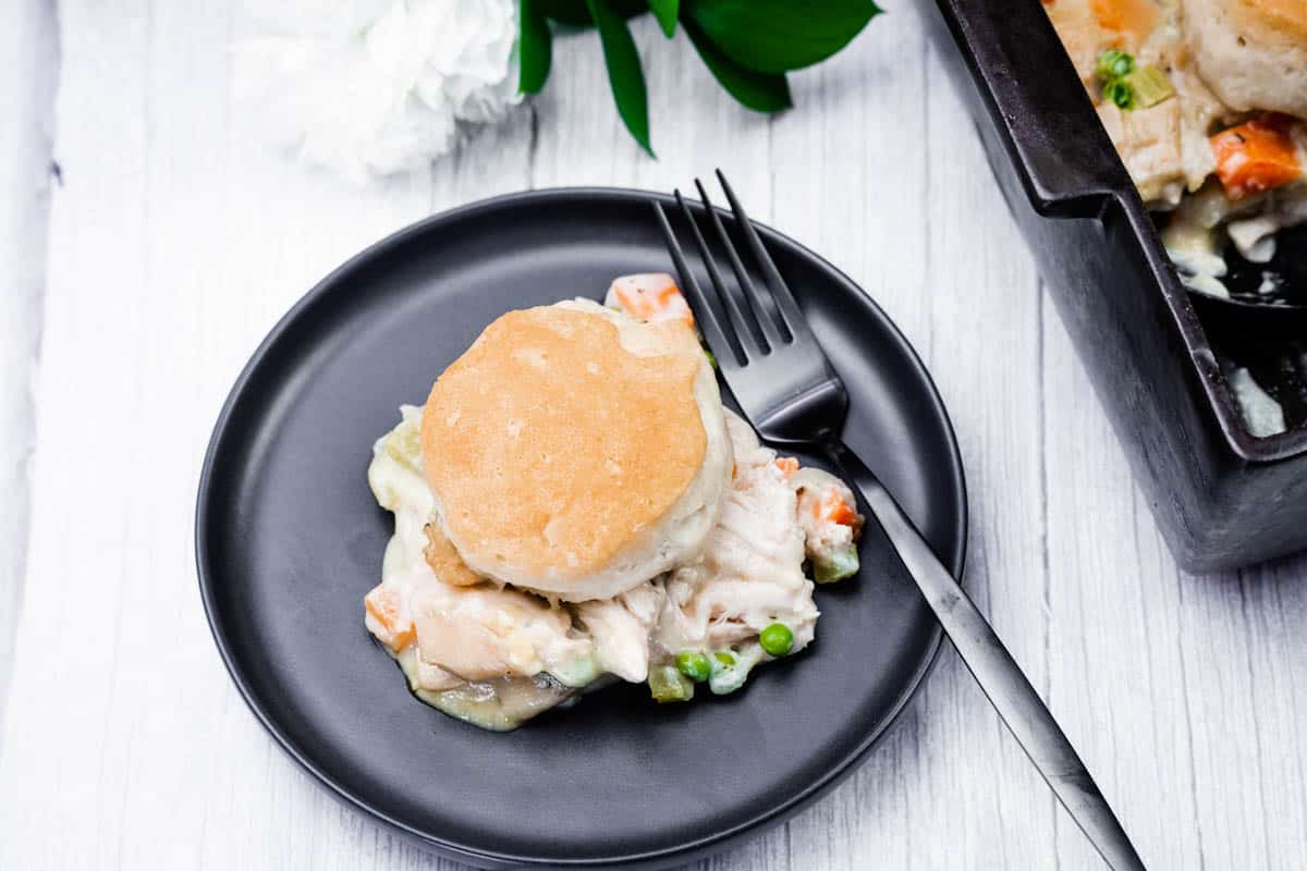 Biscuit-Topped Chicken Pot Pie with golden biscuits over creamy chicken filling, ready to serve.