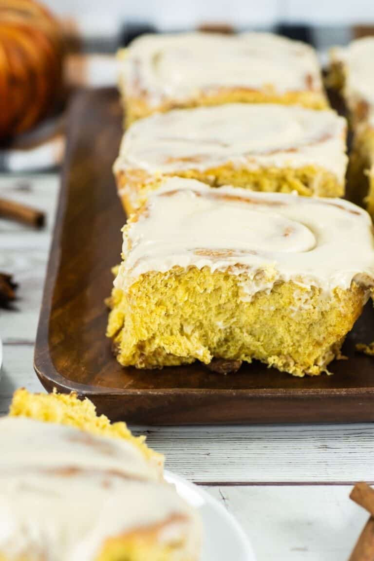 Moist pumpkin sheet cake with cream cheese frosting.