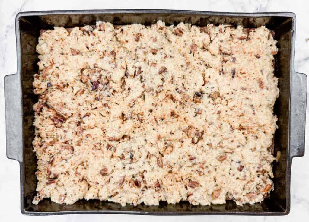 Buttered stuffed salmon casserole with a crispy breadcrumb topping. Perfect for family dinners and special occasions.