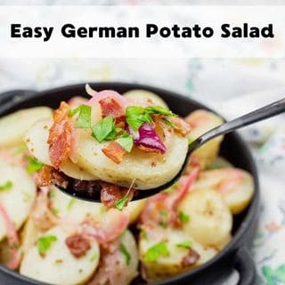 A square image of Easy German Potato Salad with a spoonful of potatoes above the same salad dish.