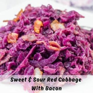 A square image of Sweet & Sour Red Cabbage With Bacon beautifully prepared on a white plate.