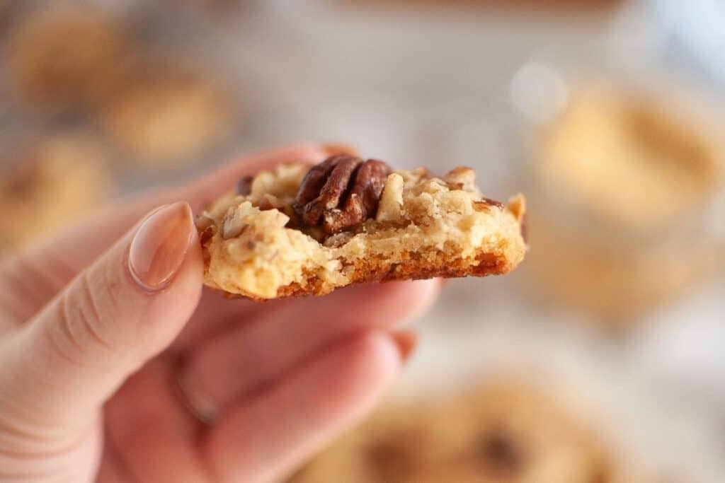 A hand holds a bite-sized piece of a butter pecan cookie.