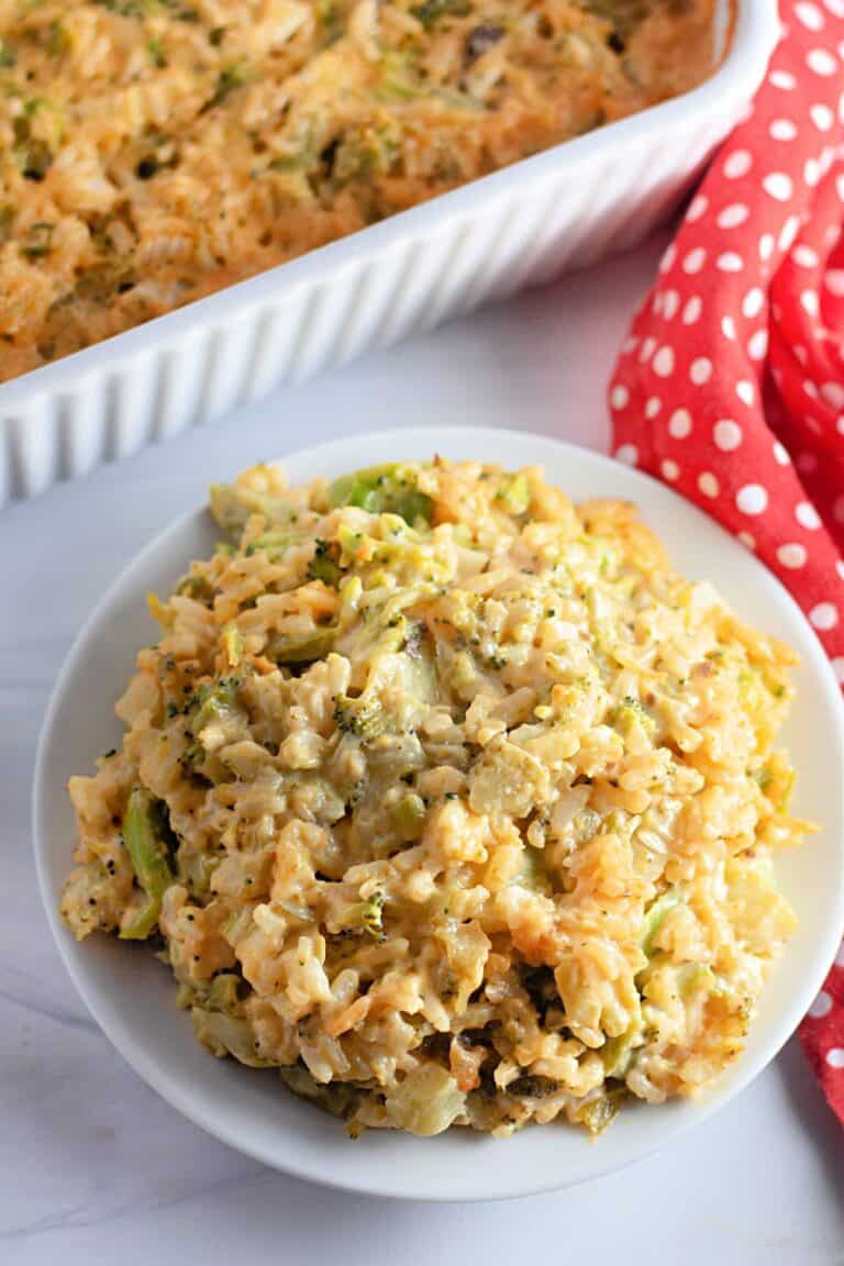 Creamy broccoli and chicken casserole in a white bowl, served fresh.