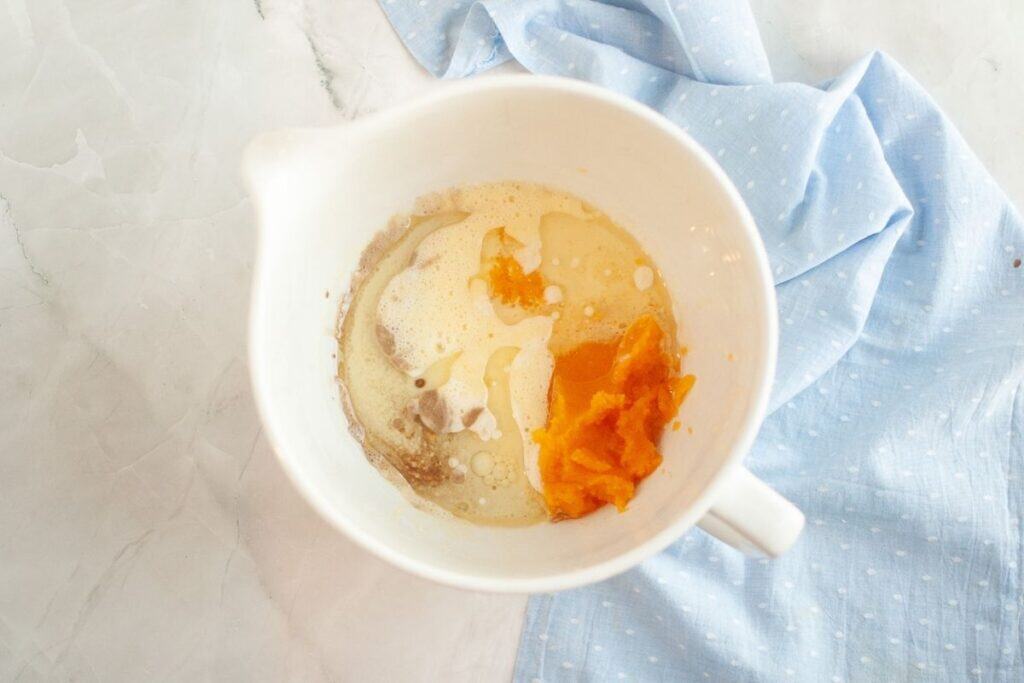 Whisk in the vanilla, vegetable oil, buttermilk, and butternut squash puree until fully combined.