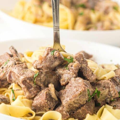Beef stroganoff dish featuring tender beef, creamy sauce, and pasta.